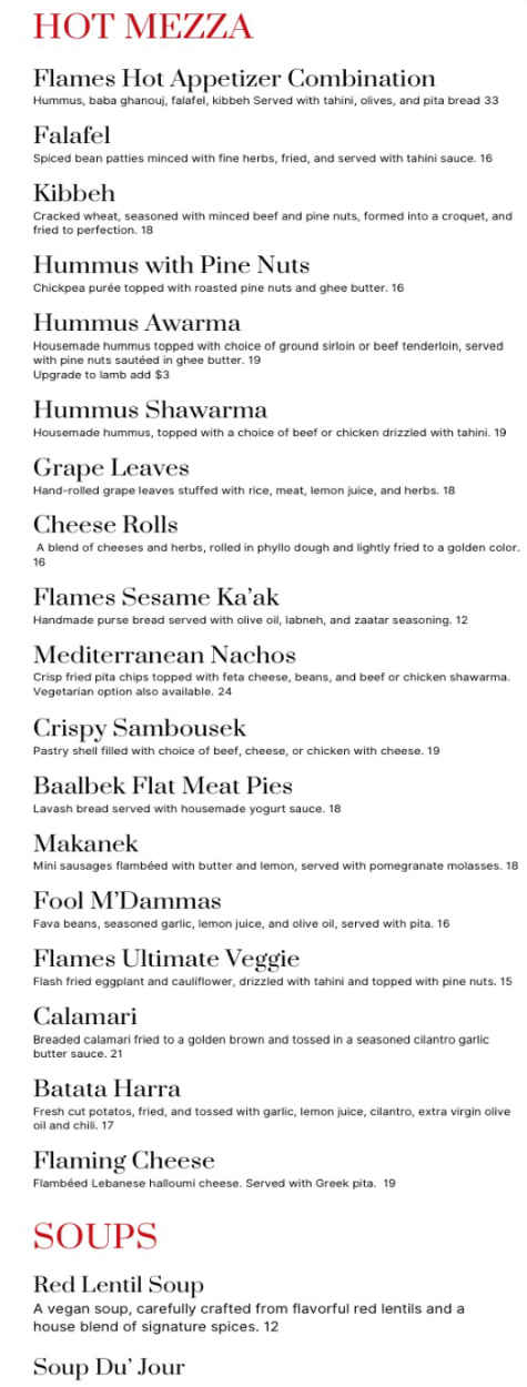 Flames Mediterranean menu page 1