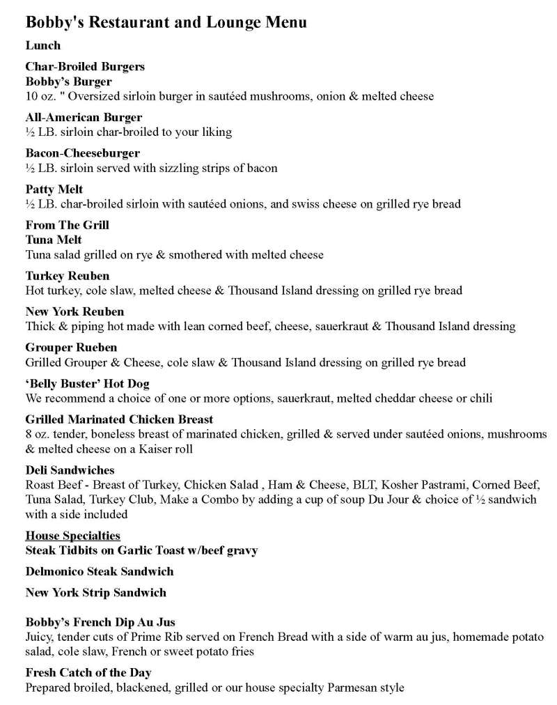 Bobby's Restaurant & Lounge menu page 1