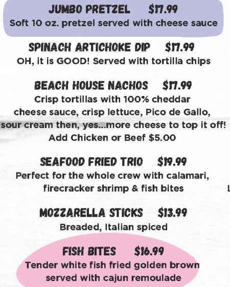 Mulligan's Beach House menu page 1