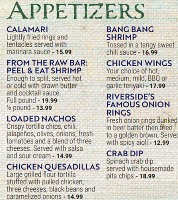 Riverside Cafe menu page 1