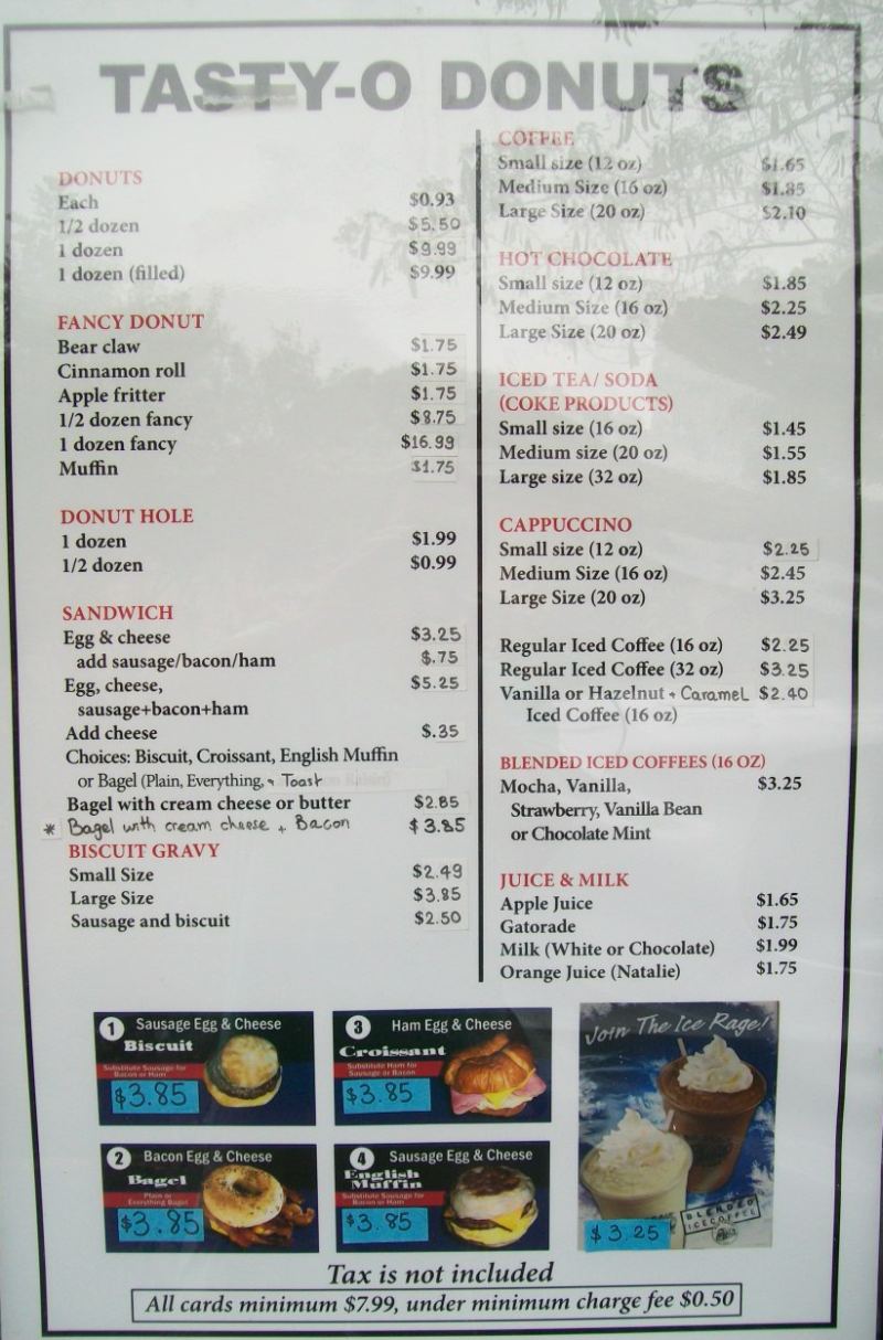 Tasty-O Donuts menu page 1
