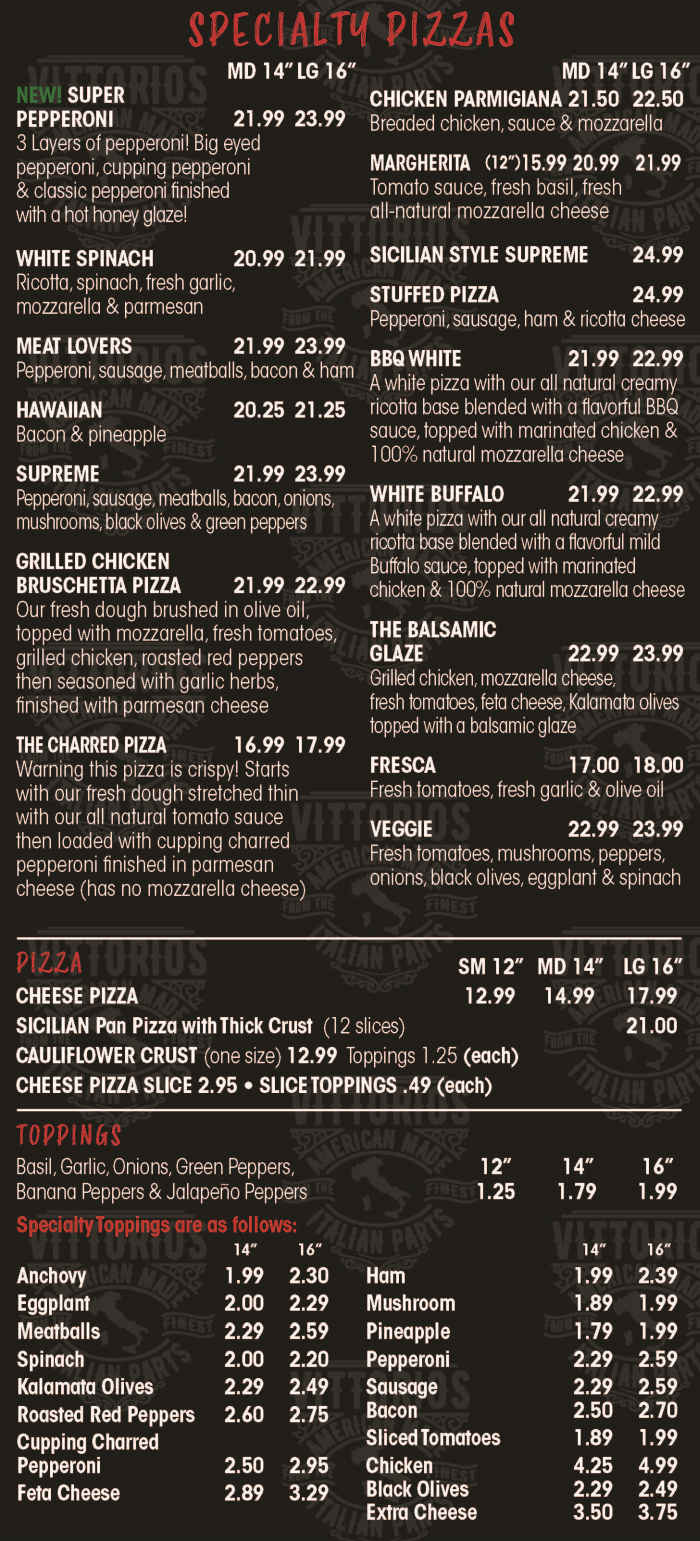 Vittorio's Pizza menu page 1
