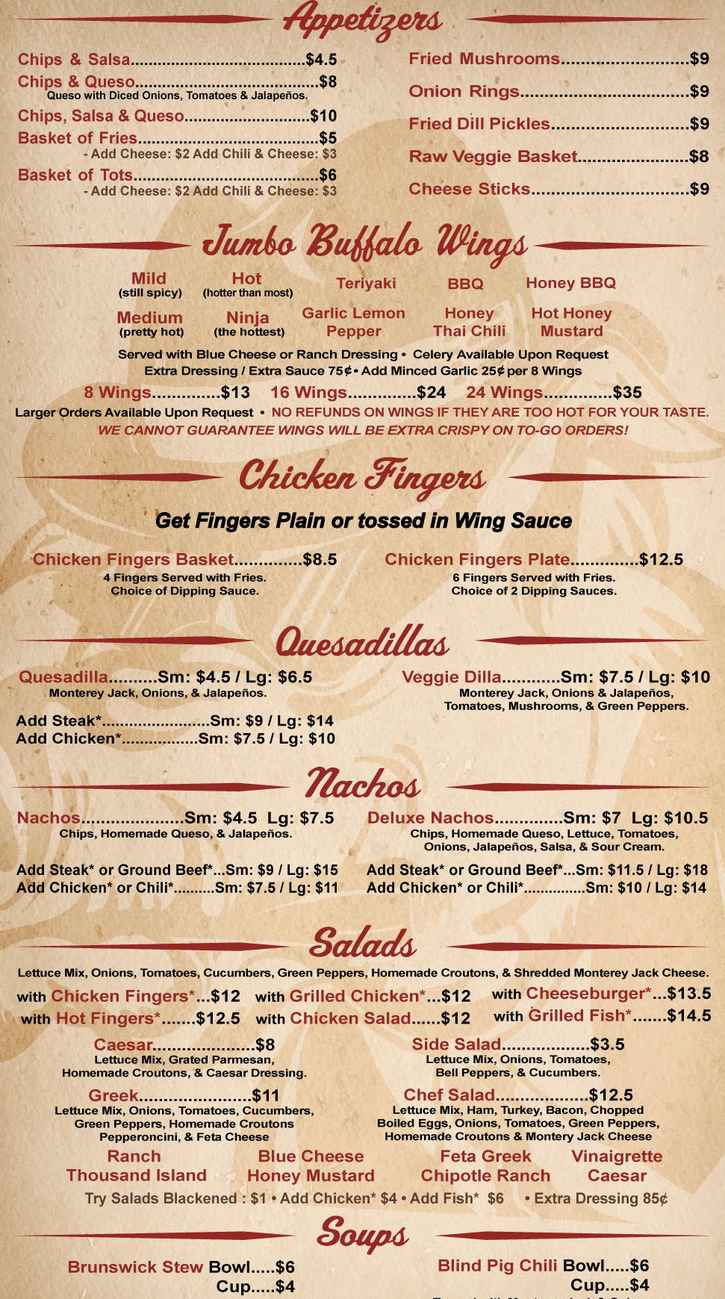 Blind Pig Tavern menu page 1