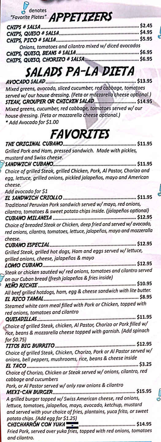 Cali N Tito's menu page 1