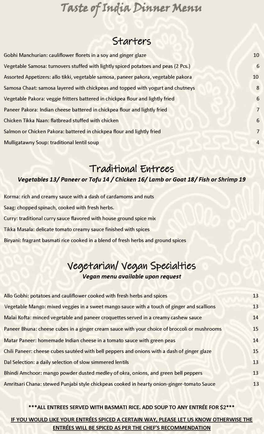 Taste of India menu page 1
