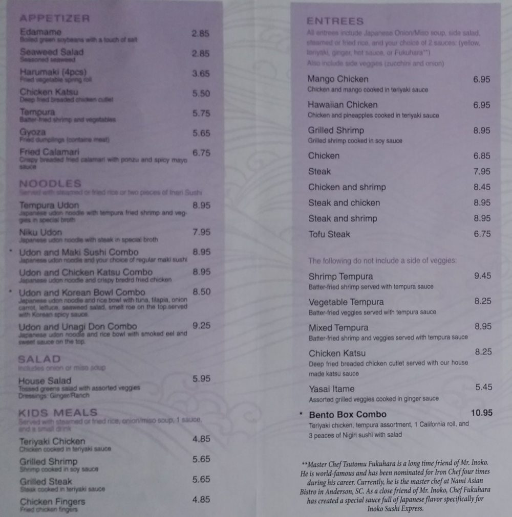 Inoko Hibachi Express menu page 1