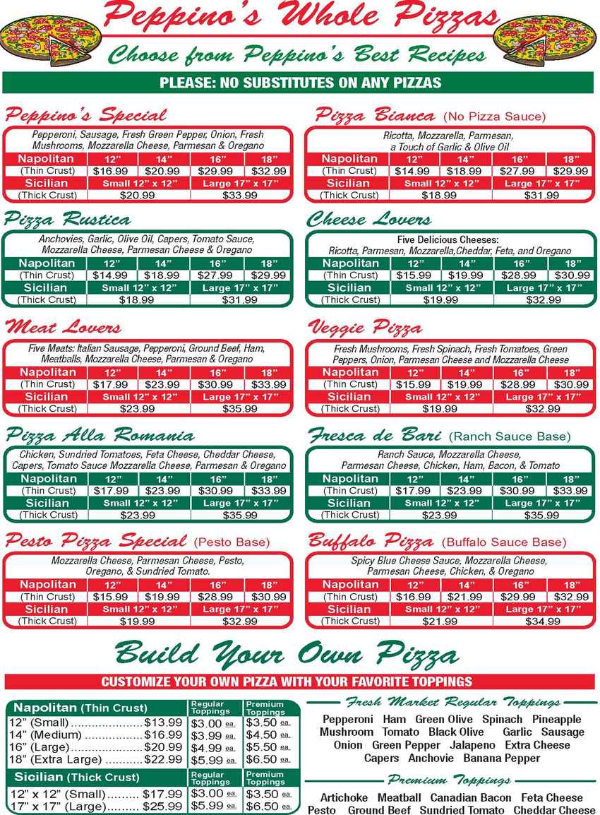 Peppino's Pizzeria menu page 1