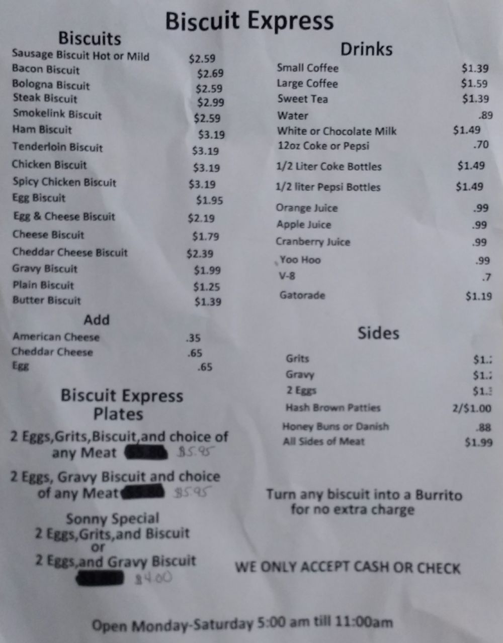 Biscuit Express menu page 1
