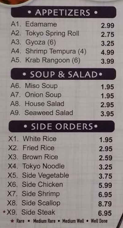 Tokyo Express menu page 1