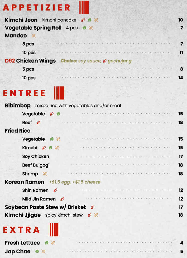 D92 Korean BBQ menu page 1