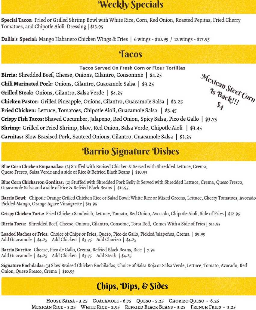 El Barrio Tacos & Tequila menu page 1