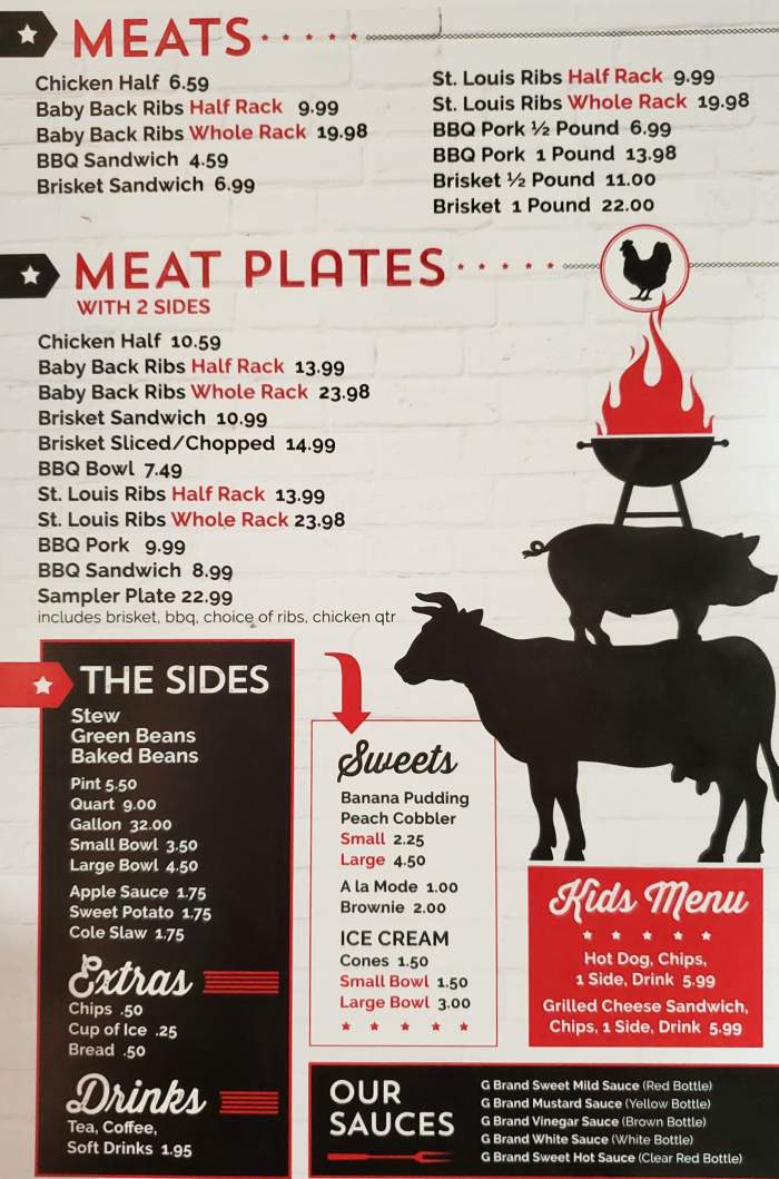 G Brand BBQ menu page 1