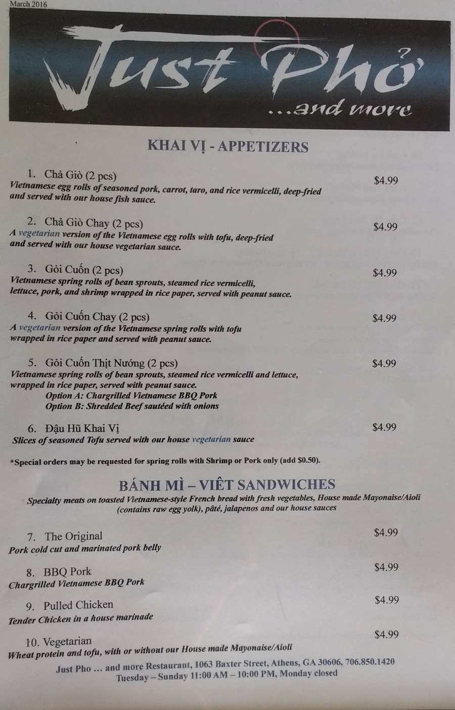 Just Pho & More menu page 1