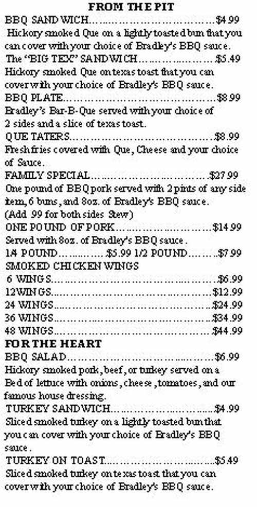 Bradley's Barbecue menu page 1