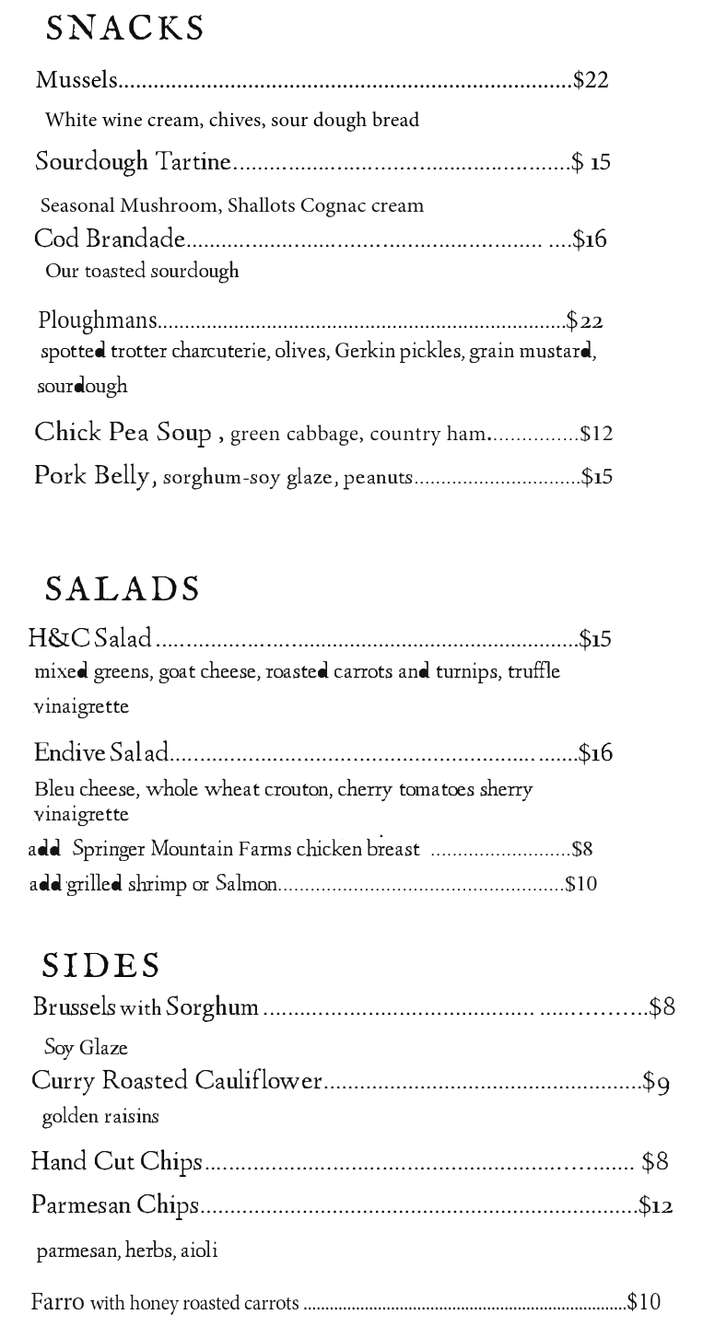 Hart & Crown Tavern menu page 1