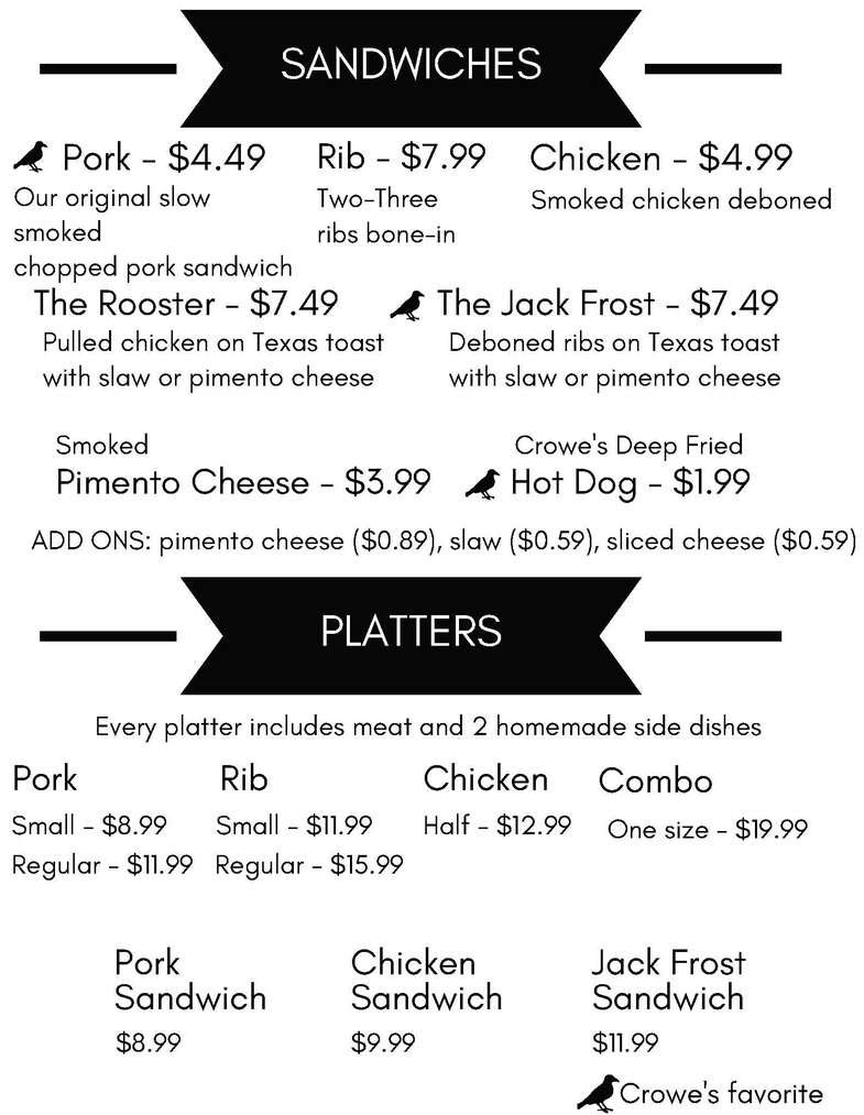 Crowe's BBQ menu page 1