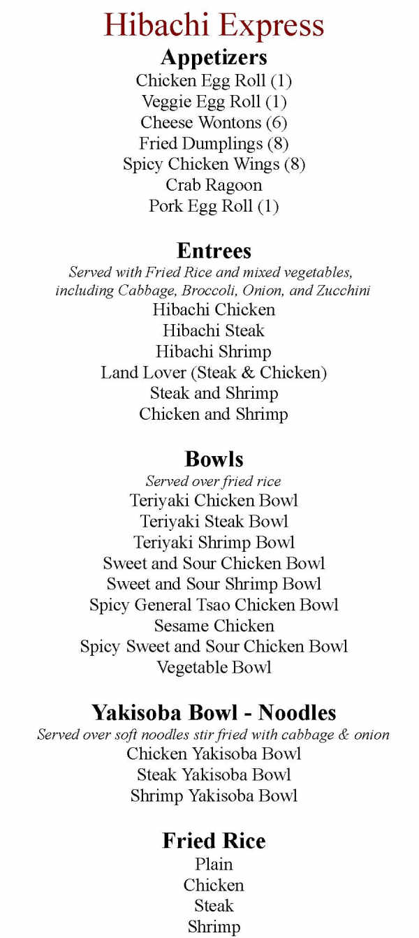 Hibachi Express menu page 1