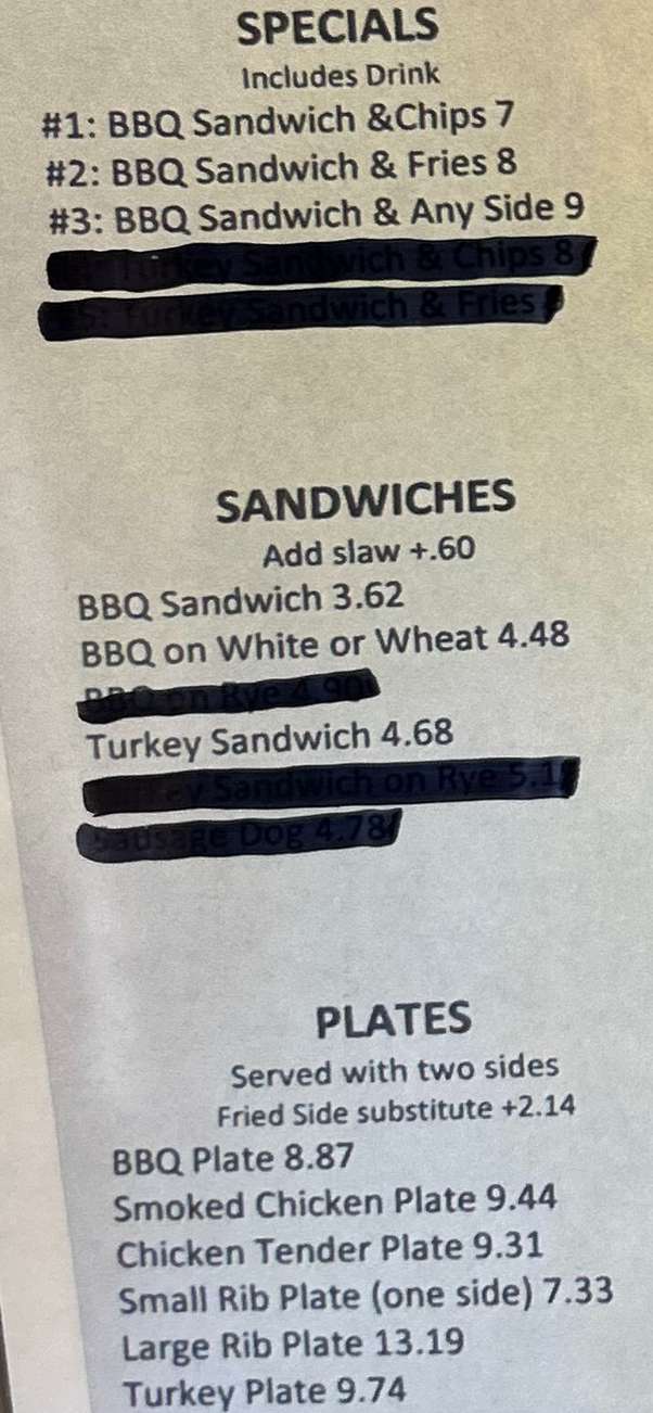 Old Clinton BBQ menu page 1