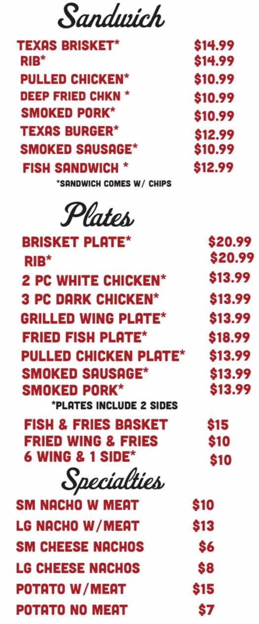 Flavor of Texas BBQ menu page 1