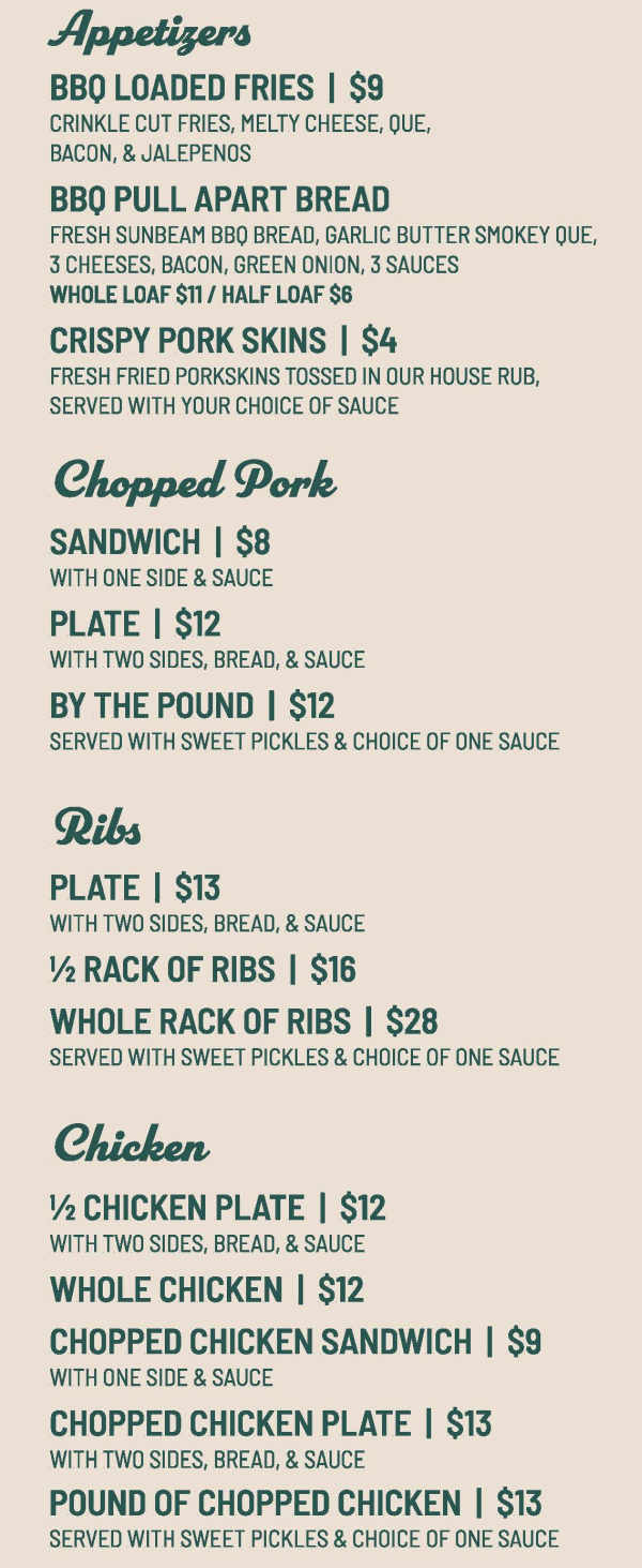 Dolan's BBQ menu page 1