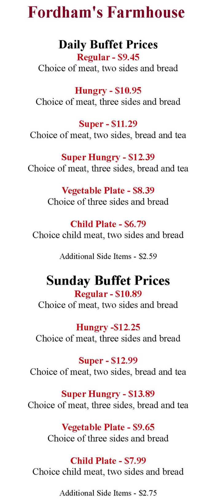 Fordham's Farmhouse menu page 1