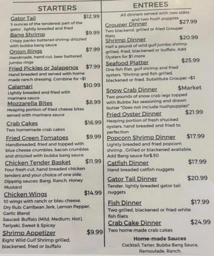 Bubba Jax Crab Shack menu page 1