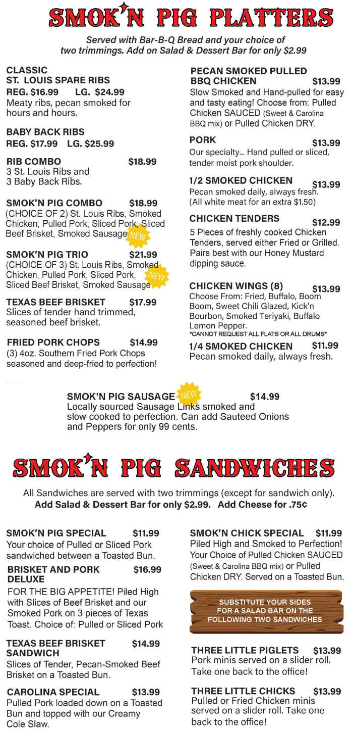 Smok'n Pig BBQ menu page 1
