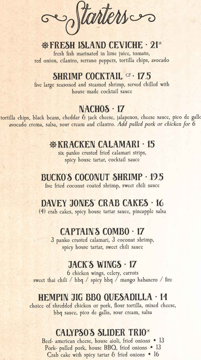 Captain Jack's Island Grill menu page 1