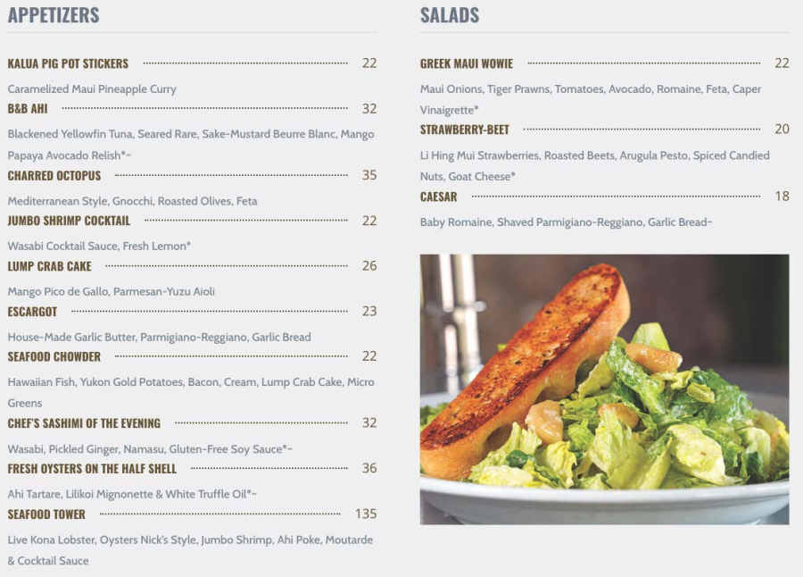 Nick's Fishmarket Maui menu page 1
