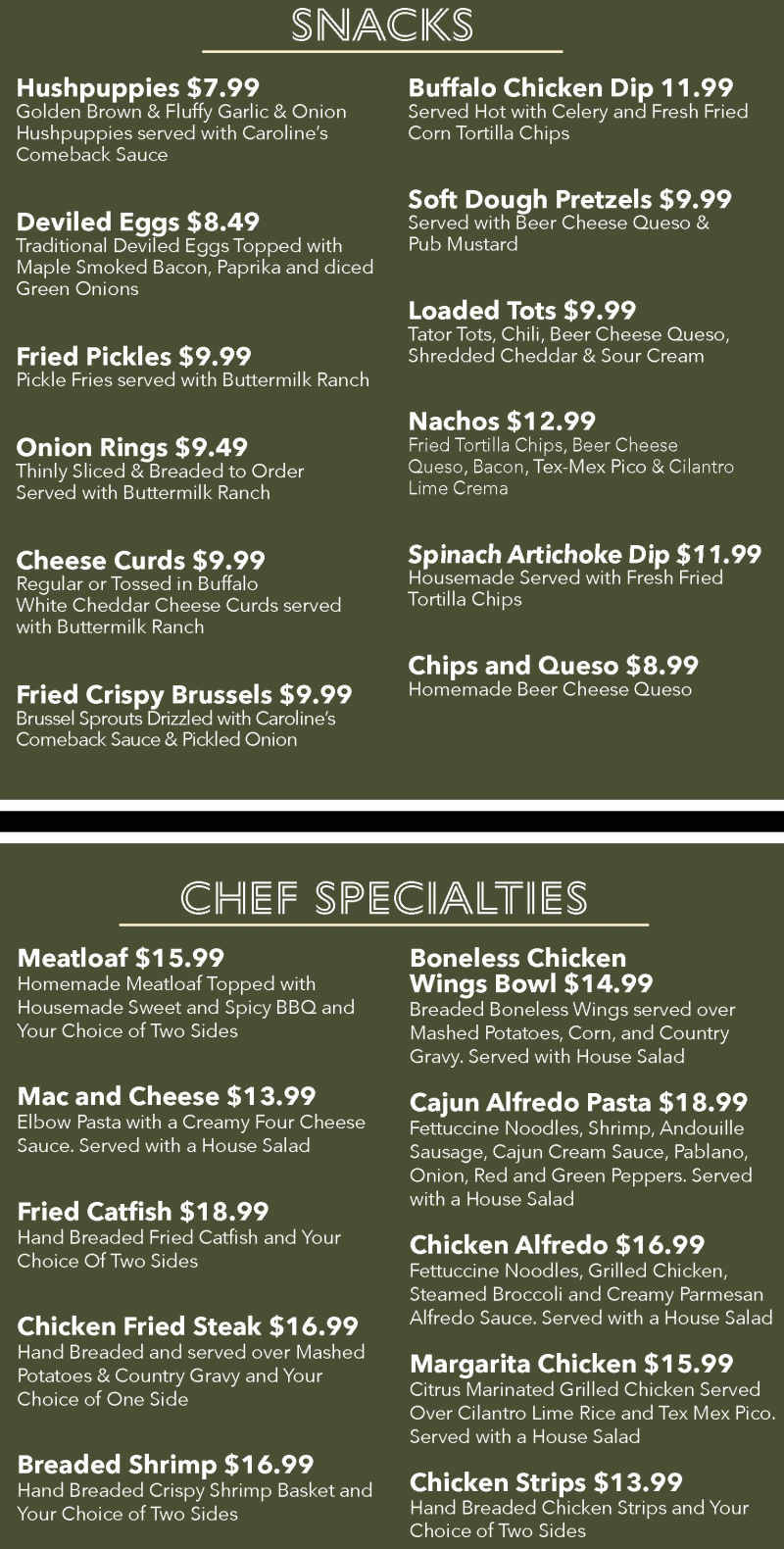 Sweet Caroline's menu page 1