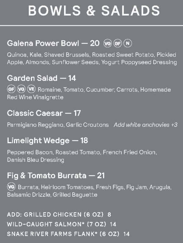 Limelight Lounge menu page 1