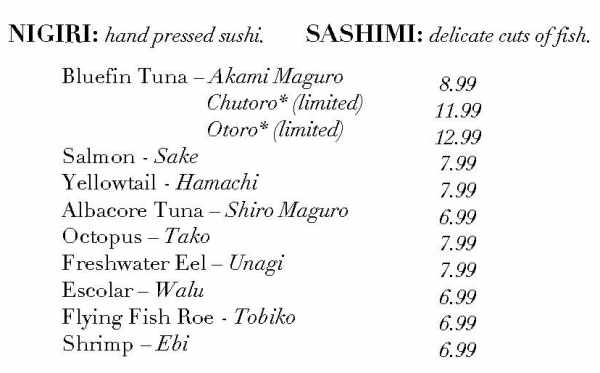 Sumisu Sushi menu page 1