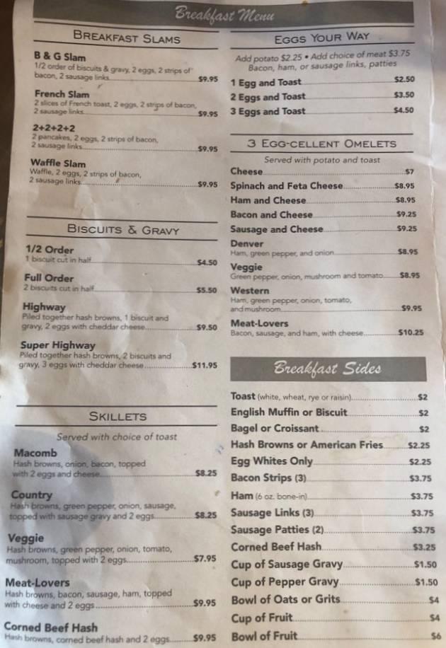Hometown Cafe menu page 1