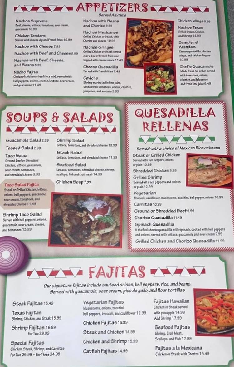 Arandas Mexican menu page 1