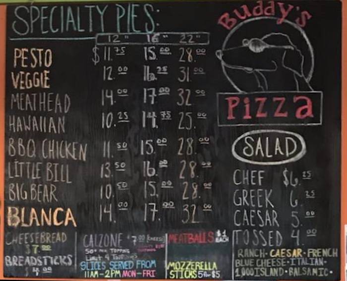 Buddy's Pizza menu page 1