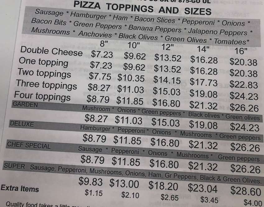 Linney's Pizza menu page 1