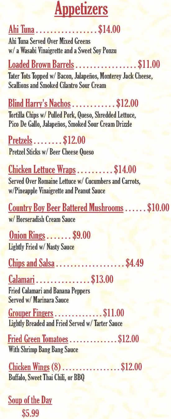 The Brown Barrel menu page 1