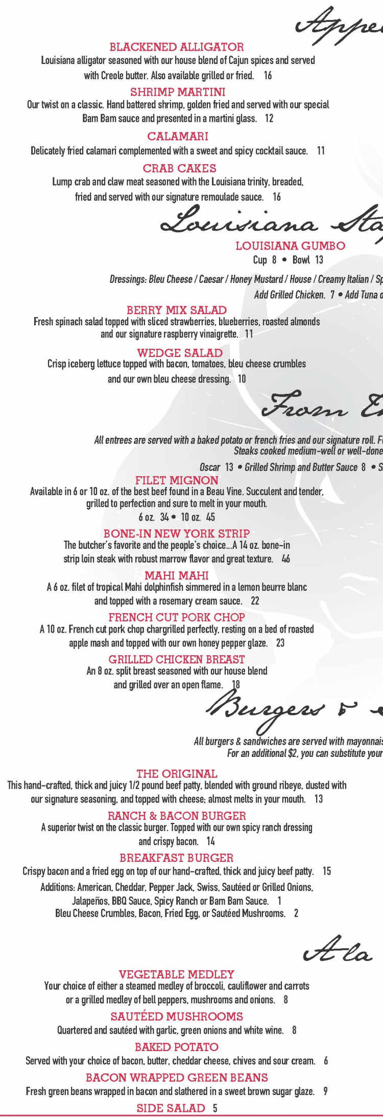 Beau Vines Steakhouse menu page 1