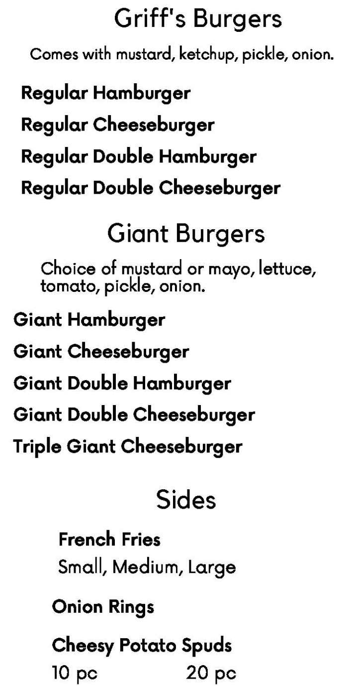 Griff's Hamburgers menu page 1