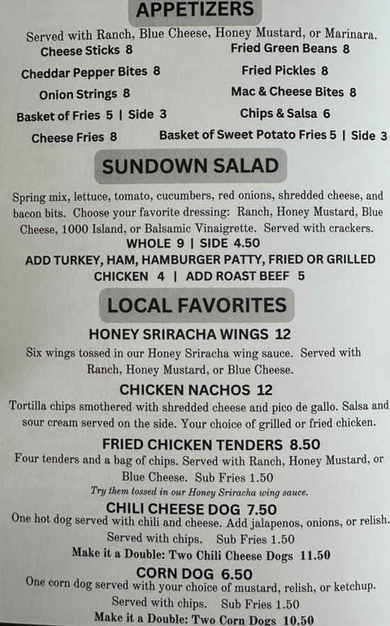 Sundown Tavern menu page 1