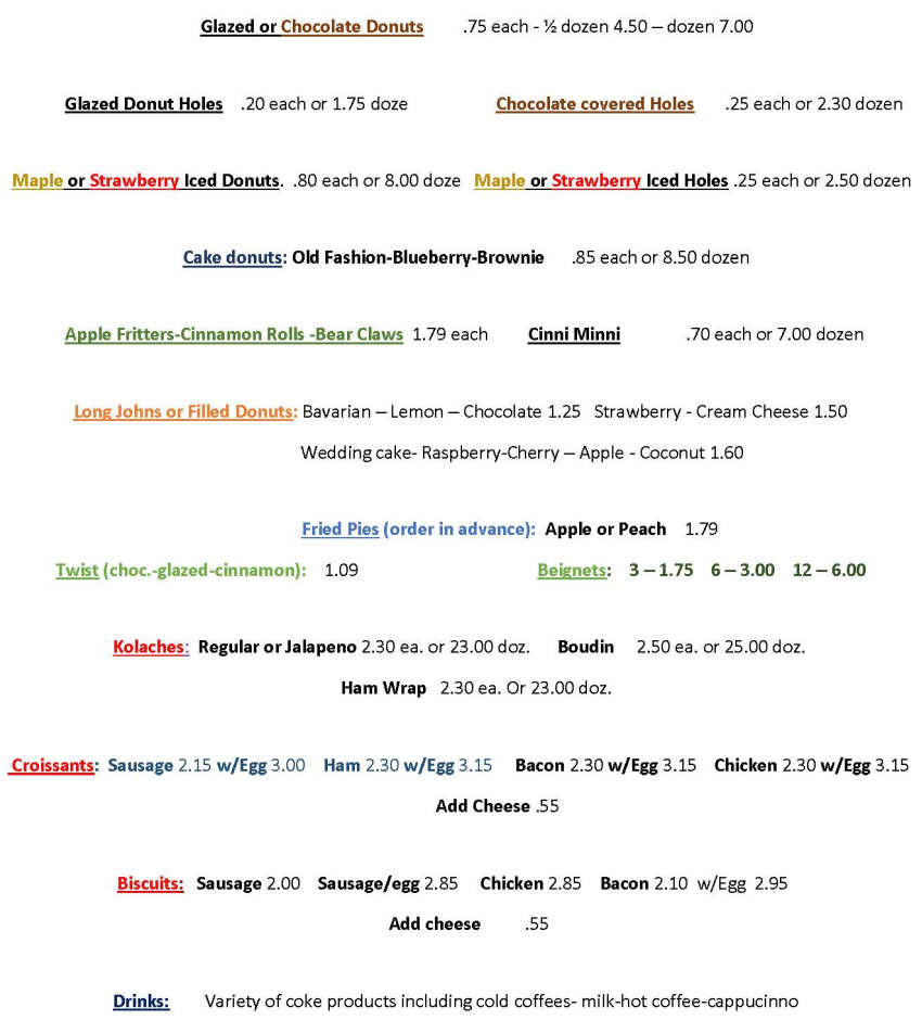 Daylight Donuts of Ruston menu page 1