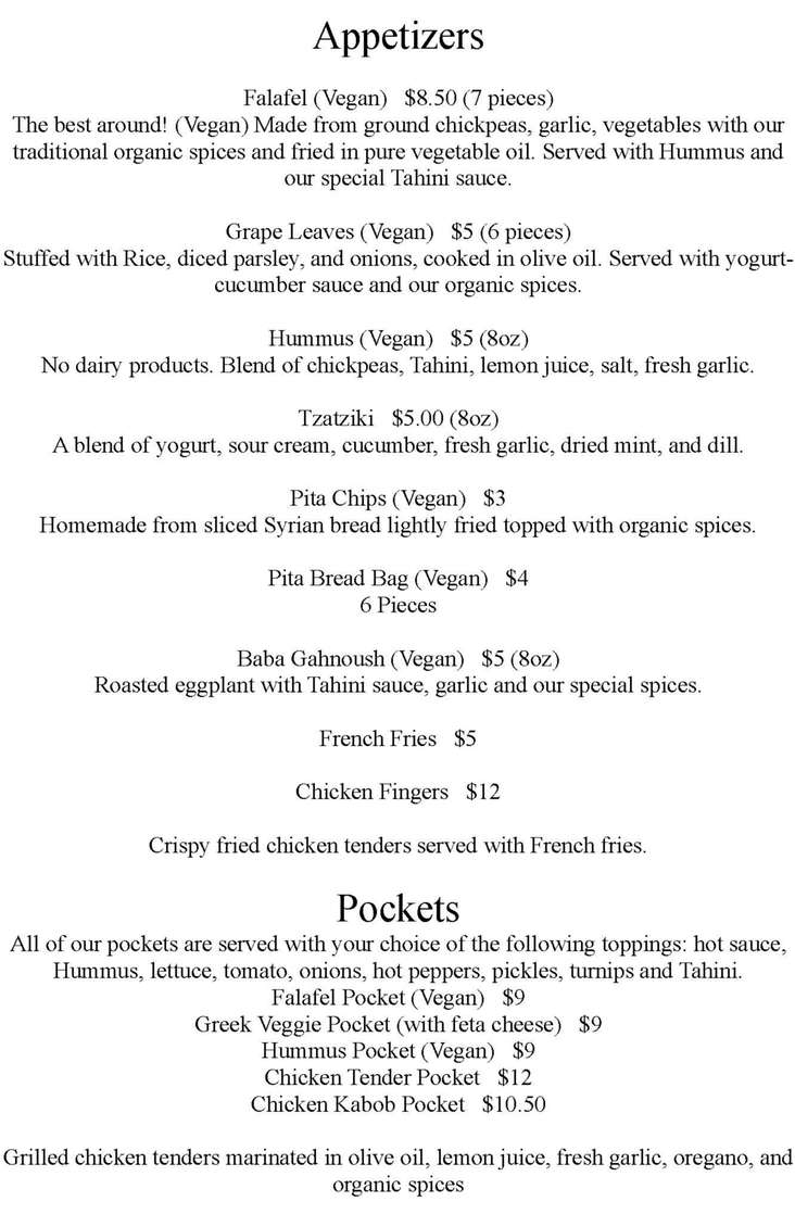 Pita Pockets menu page 1