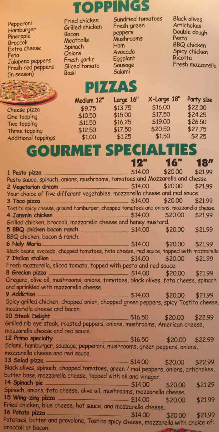 Primo Too Pizzeria menu page 1