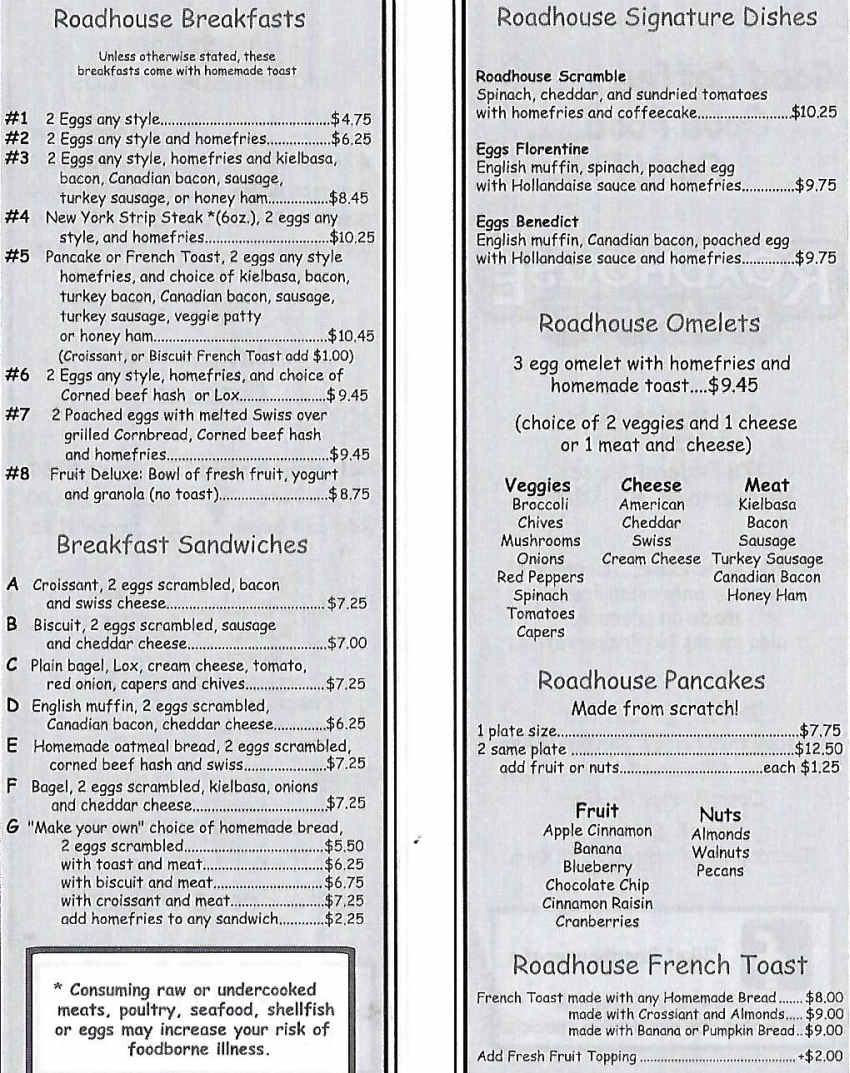 Roadhouse Cafe menu page 1