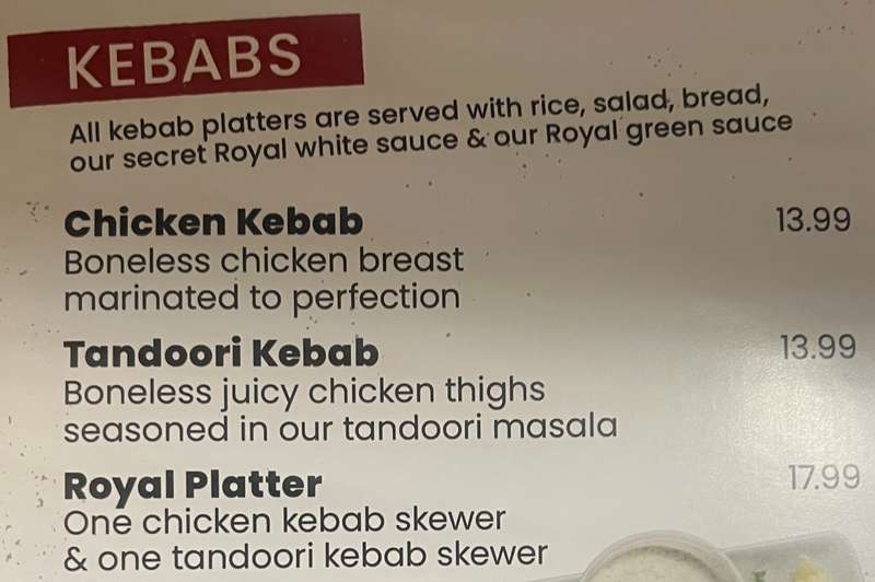 Royal Chicken & Kebab menu page 1