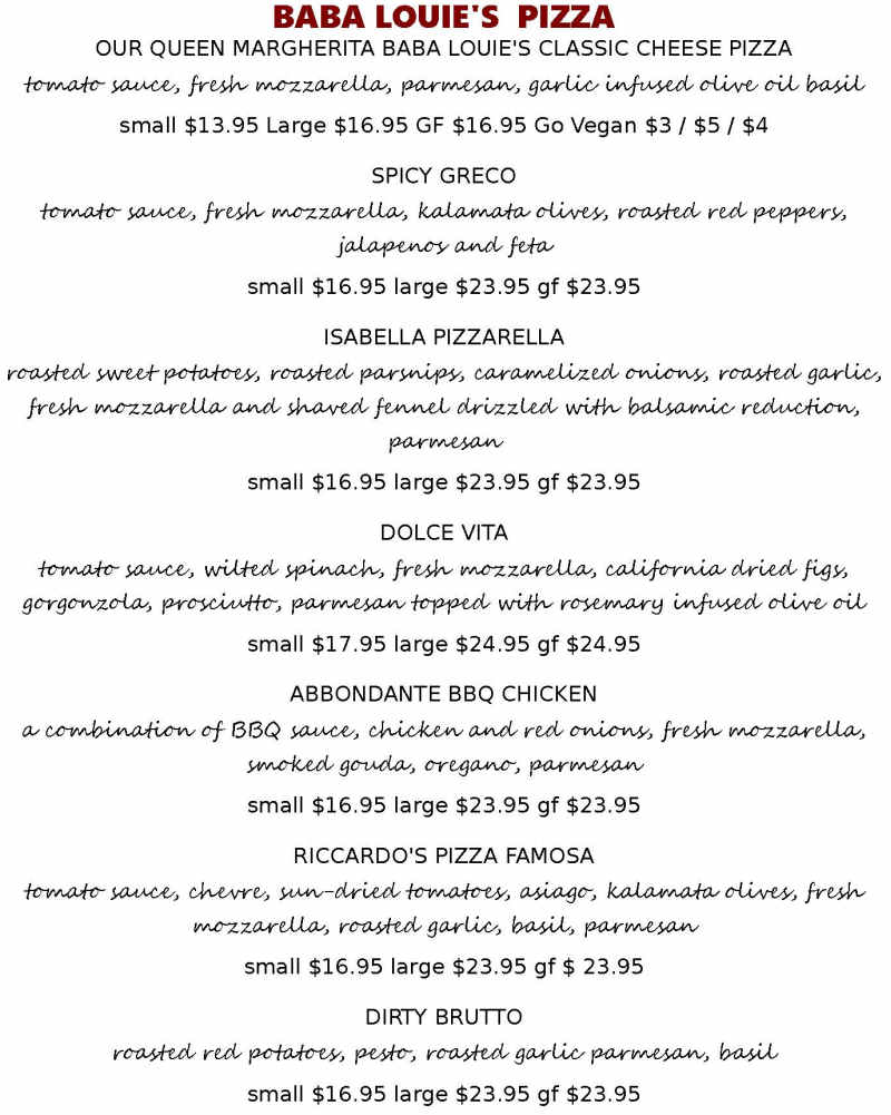 Baba Louie's Pizza menu page 1