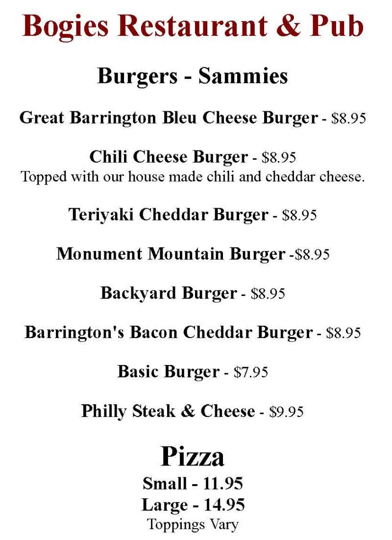 Bogies Restaurant & Pub menu page 1