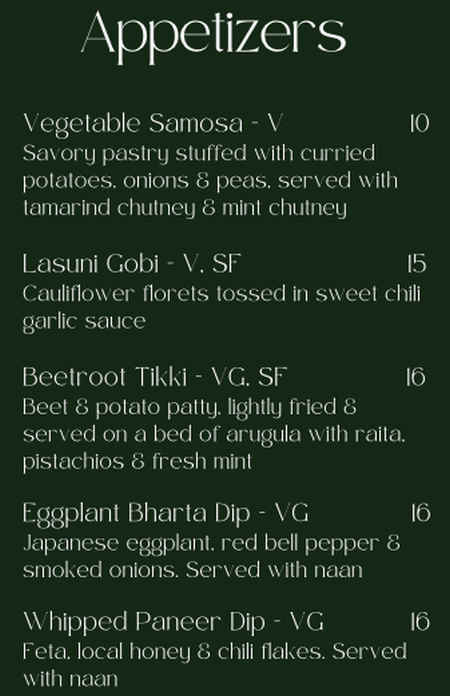 Indra Indian Fusion menu page 1