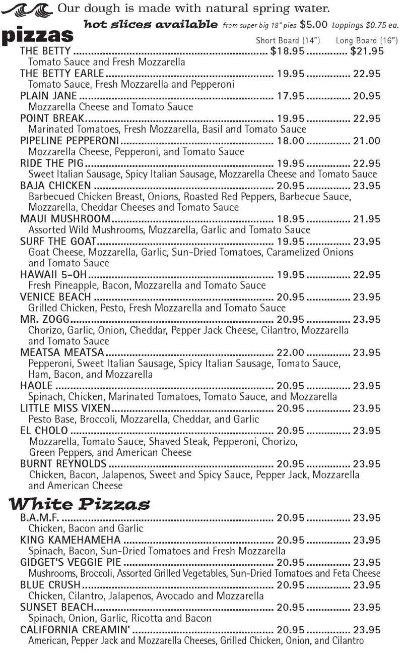 Betty's Pizza Shack menu page 1