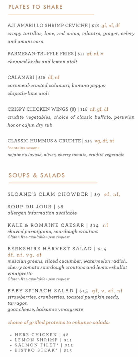 Sloane's Tavern menu page 1